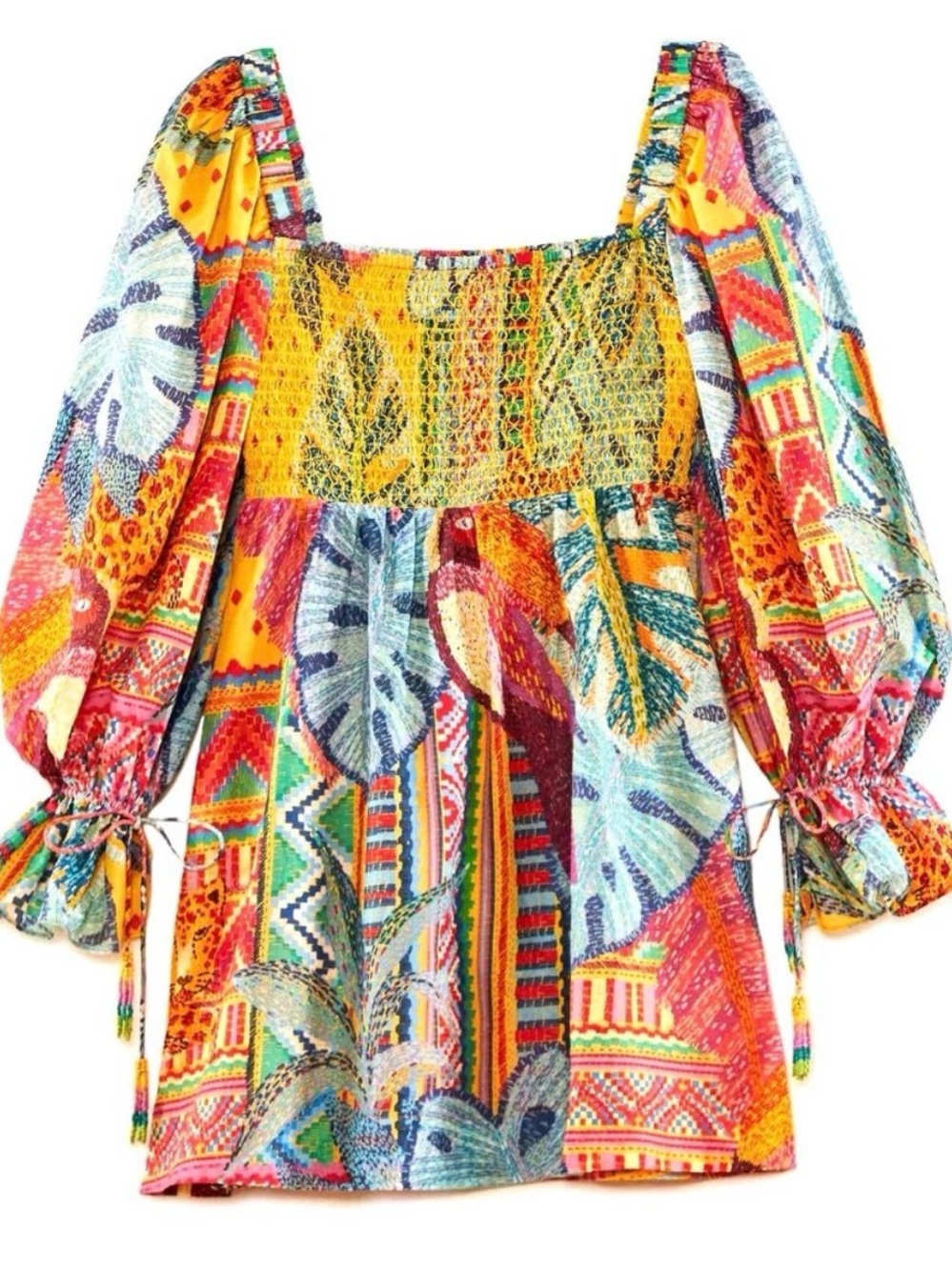 Farm Rio. Women’s Multicolor Boho Smocked Peasant Top